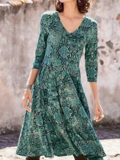 Women's Casual Dress Paisley Dress Ethnic Dress Floral Paisley Print V Neck Midi Dress Vintage Ethnic Outdoor Daily 3/4 Length Sleeve Regular Fit Dark Green Purple Orange Spring Fall S M L XL XXL -Casual Print Dress Sales iglrby1692762333501