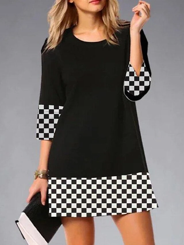 Women's Work Dress Semi Formal Dress Fashion Mini Dress Print Crew Neck 3/4 Length Sleeve Plaid Stripe Regular Fit Black White Brown Summer Spring S M L XL XXL 1 Women's Work Dress Semi Formal Dress Fashion Mini Dress Print Crew Neck 3/4 Length Sleeve Plaid Stripe Regular Fit Black White Brown Summer Spring S M L XL XXL