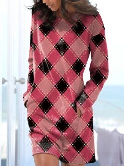 Women's Casual Dress Sweatshirt Dress Winter Dress Plaid Pocket Print Crew Neck Mini Dress Fashion Streetwear Outdoor Daily Long Sleeve Loose Fit Red Fall Winter S M L XL XXL