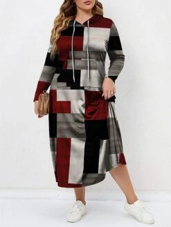 Women's Plus Size Curve Hoodie Dress Casual Dress Winter Dress Plaid Long Dress Maxi Dress Long Sleeve Pocket Print Hooded Fashion Outdoor Gray Fall Winter L XL XXL 3XL 4XL
