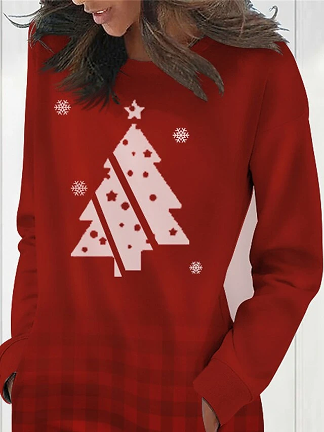 Women's Casual Dress Sweatshirt Dress Mini Dress Warm Fashion Outdoor Christmas Holiday Crew Neck Pocket Print Christmas Tree Loose Fit Wine S M L XL XXL 2 Women's Casual Dress Sweatshirt Dress Mini Dress Warm Fashion Outdoor Christmas Holiday Crew Neck Pocket Print Christmas Tree Loose Fit Wine S M L XL XXL - Image 2