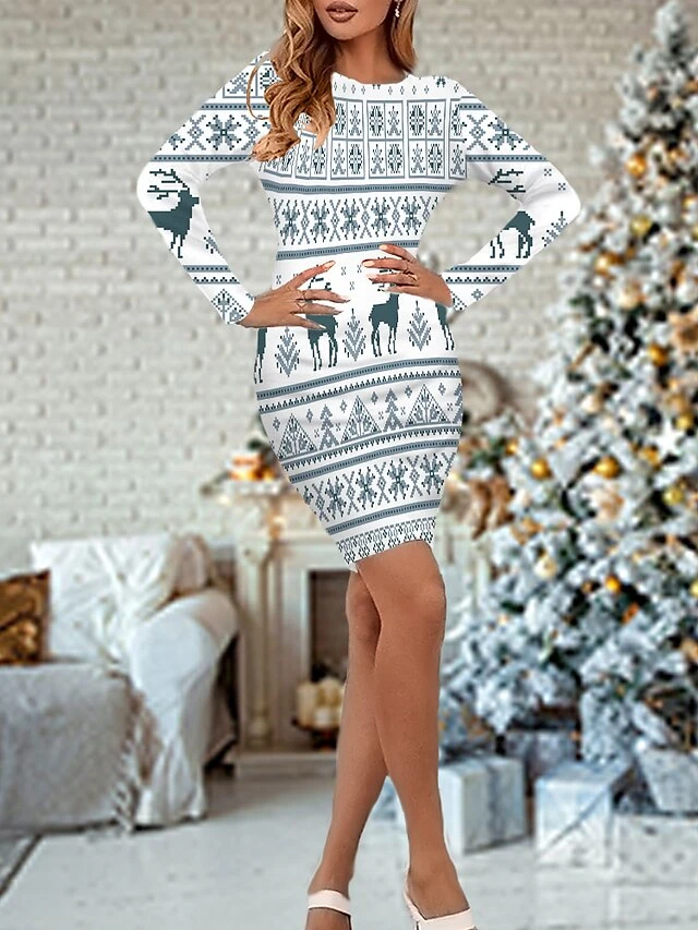 Women's Christmas Casual Dress Sheath Dress Mini Dress Black Blue White Long Sleeve Print Knit Print Winter Fall Crew Neck Fashion Casual Modern Fall Dress 2022 S M L XL 2XL 3XL 4XL 5XL 6XL 3 Women's Christmas Casual Dress Sheath Dress Mini Dress Black Blue White Long Sleeve Print Knit Print Winter Fall Crew Neck Fashion Casual Modern Fall Dress 2022 S M L XL 2XL 3XL 4XL 5XL 6XL - Image 3