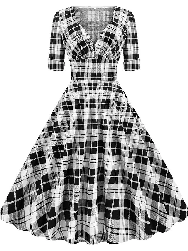 Women's Christmas Swing Dress Midi Dress Black Blue Red Short Sleeve Plaid Print Winter Fall Autumn V Neck 2022 S M L XL 2XL 2 Women's Christmas Swing Dress Midi Dress Black Blue Red Short Sleeve Plaid Print Winter Fall Autumn V Neck 2022 S M L XL 2XL - Image 2