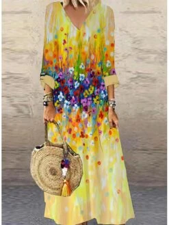 Women's Maxi Long Dress Casual Dress Print Dress Spring Dress Floral Fashion Streetwear Outdoor Daily Vacation Print 3/4 Length Sleeve V Neck Dress Loose Fit Light Pink White Yellow Summer Spring S M -Casual Print Dress Sales iitczq1682588511163