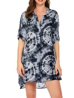 Women's Shirt Dress Beach Dress Beach Wear Mini Dress Button Plus High Low Casual Leopard Turndown 3/4 Length Sleeve Loose Fit Outdoor Daily Azure Black 2023 Spring Summer S M L XL -Casual Print Dress Sales ijbycs1676892552088