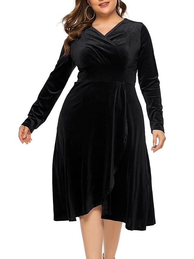 Women's Plus Size Curve Party Dress Velvet Dress Sheath Dress Solid Color Midi Dress Long Sleeve Ruched Patchwork V Neck Fashion Wedding Deep Green Black Spring Fall XL XXL 3XL 4XL 5XL 4 Women's Plus Size Curve Party Dress Velvet Dress Sheath Dress Solid Color Midi Dress Long Sleeve Ruched Patchwork V Neck Fashion Wedding Deep Green Black Spring Fall XL XXL 3XL 4XL 5XL - Image 4