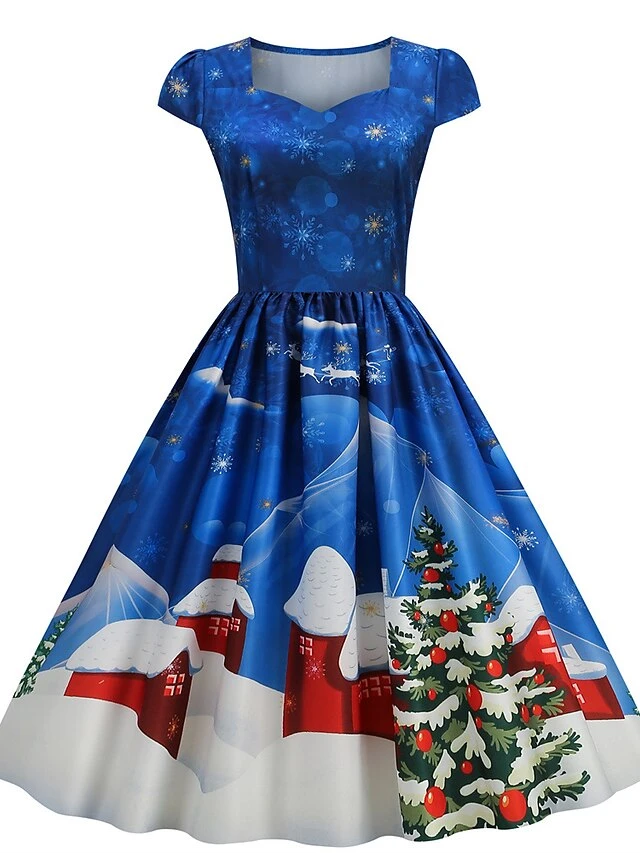 Women's Christmas Vintage Dress Blue Wine Red Light Blue Short Sleeve Print Print Winter Fall Square Neck Vintage 2022 S M L XL 2XL 3XL 3 Women's Christmas Vintage Dress Blue Wine Red Light Blue Short Sleeve Print Print Winter Fall Square Neck Vintage 2022 S M L XL 2XL 3XL - Image 3