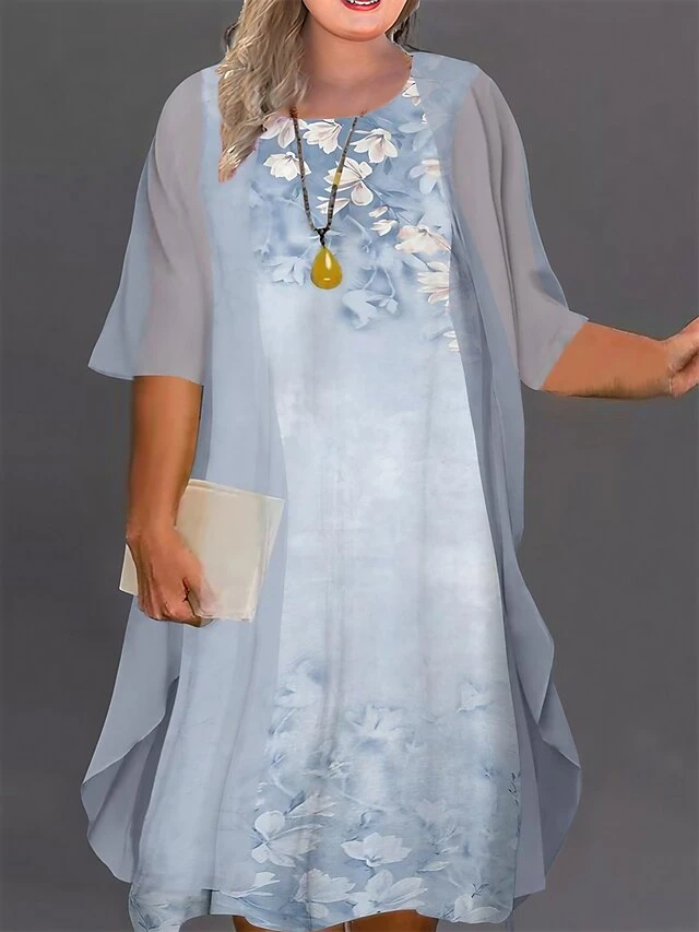 Women‘s Plus Size Curve Casual Dress Floral Crew Neck Print Half Sleeve Spring Fall Work Casual Knee Length Dress Daily Vacation Dress 1 Women‘s Plus Size Curve Casual Dress Floral Crew Neck Print Half Sleeve Spring Fall Work Casual Knee Length Dress Daily Vacation Dress