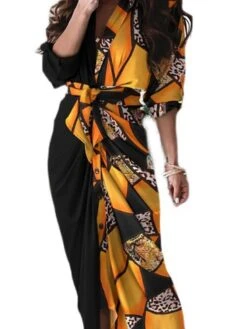 Women‘s Midi Dress Dark Brown All Yellow Orange 3/4 Length Sleeve Striped Ruched Winter Fall Autumn Shirt Collar Loose Fit 2023 S M L XL -Casual Print Dress Sales ikyeit1650513546185
