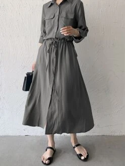 Women's Shirt Dress Casual Dress Maxi Long Dress Outdoor Daily Date Polyester Fashion Classic Shirt Collar Button Pocket Long Sleeve Fall Winter 2023 Loose Fit ArmyGreen Black Brown Pure Color S M L -Casual Print Dress Sales ilgyyf1693535851602