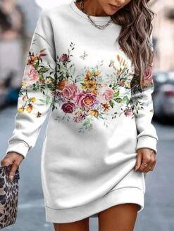 Women's Casual Dress Sweatshirt Dress Winter Dress Floral Print Crew Neck Mini Dress Fashion Streetwear Outdoor Daily Long Sleeve Loose Fit White Red Green Fall Winter S M L XL XXL
