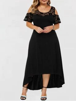 Women‘s Plus Size Curve Party Dress Lace Dress A Line Dress Solid Color Long Dress Maxi Dress Short Sleeve Lace Crew Neck Modern Party Black Red Spring Summer XL XXL 3XL 4XL 5XL -Casual Print Dress Sales inioek1672986117211