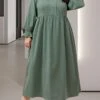 Women's Plus Size Curve Casual Dress Winter Dress Swing Dress Plain Midi Dress Long Sleeve Ruched Pocket Square Neck Fashion Outdoor Green Fall Winter XL XXL 3XL 4XL 5XL