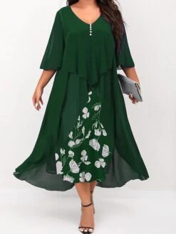 Women's Plus Size Curve Work Dress Floral V Neck Ruched 3/4 Length Sleeve Spring Summer Work Elegant Midi DressLayered Formal Vacation Dress -Casual Print Dress Sales ioaqik1662014409011