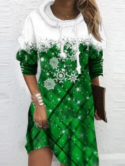 Women's Christmas Hoodie Dress Shift Dress Mini Dress Green Blue Wine Long Sleeve Plaid Snowflake Print Winter Fall Hooded Vacation Casual 2022 S M L XL XXL 3XL -Casual Print Dress Sales iosdym1667293490531