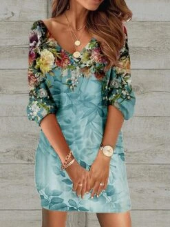 Women's Casual Dress Ethnic Dress Shift Dress Mini Dress Black Wine Red 3/4 Length Sleeve Floral Print Spring Fall Winter V Neck Fashion Loose Fit 2023 S M L XL XXL 3XL 4XL 5XL -Casual Print Dress Sales iowcrr1671162542133