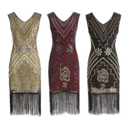 Women's Retro 1920s Fringe Dress Midi Dress Party Halloween Sequins Tassel Fringe Floral V Neck Sleeveless Regular Fit Spring Fall 2023 Black Red S M L XL