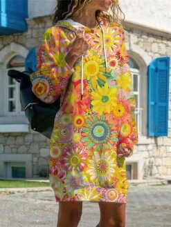 Women's Casual Dress Hoodie Dress Winter Dress Floral Print Hooded Mini Dress Fashion Streetwear Outdoor Daily Long Sleeve Loose Fit Yellow Pink Green Fall Winter S M L XL XXL -Casual Print Dress Sales iqntum1693226866659