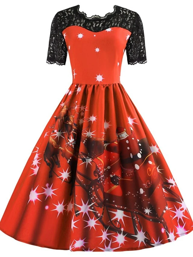 Women's Christmas Lace Dress Swing Dress Maxi Long Dress Claret Green Blue Purple Red Rose Red Short Sleeve Santa Claus Print Lace Patchwork Winter Fall Crew Neck Vintage Fashion Elegant 2022 S M L 1 Women's Christmas Lace Dress Swing Dress Maxi Long Dress Claret Green Blue Purple Red Rose Red Short Sleeve Santa Claus Print Lace Patchwork Winter Fall Crew Neck Vintage Fashion Elegant 2022 S M L