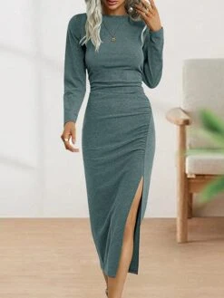 Women's Casual Dress Bodycon Sheath Dress Midi Dress Split Outdoor Street Daily Fashion Streetwear Crew Neck Long Sleeve 2023 Regular Fit Black Wine Green Color S M L XL XXL Size -Casual Print Dress Sales irchsv1692259856825