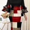 Women‘s Plus Size Curve Work Dress Bodycon Sheath Dress Plaid Midi Dress 3/4 Length Sleeve Backless Crew Neck Fashion Office Red Fall Spring XL XXL 3XL 4XL 5XL