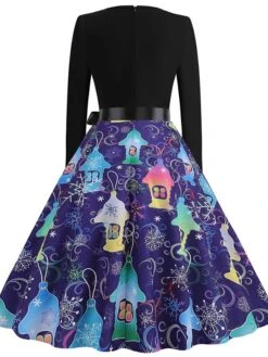 Women's Christmas Casual Dress Swing Dress Midi Dress Blue Purple Royal Blue Light Blue White Long Sleeve Santa Claus Elk Tree Bow Print Winter Fall V Neck Vacation Vintage 2022 S M L XL -Casual Print Dress Sales irxdvz1666927316615