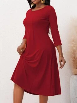Women's Christmas Plus Size Curve Casual Dress A Line Dress Solid Color Midi Dress 3/4 Length Sleeve Crew Neck Fashion Outdoor Red Fall Winter L XL XXL 3XL 4XL