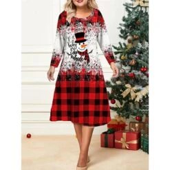 Women's Christmas Plus Size Curve Casual Dress Skater Dress A Line Dress Plaid Snowflake Midi Dress Long Sleeve Print Crew Neck Fashion Outdoor Red Blue Fall Winter L XL XXL 3XL 4XL