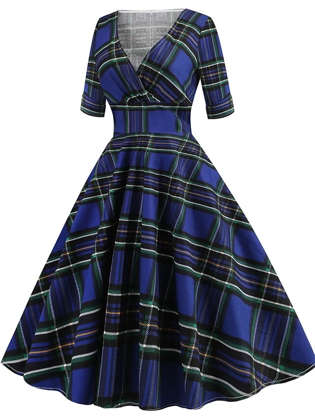 Women's Christmas Swing Dress Midi Dress Black Blue Red Short Sleeve Plaid Print Winter Fall Autumn V Neck 2022 S M L XL 2XL 7 Women's Christmas Swing Dress Midi Dress Black Blue Red Short Sleeve Plaid Print Winter Fall Autumn V Neck 2022 S M L XL 2XL - Image 7