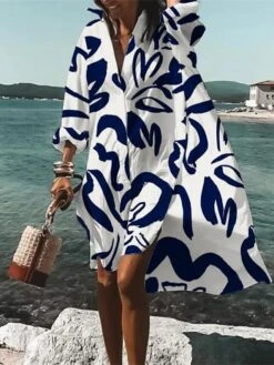 Women's Shirt Dress Casual Dress Swing Dress Midi Dress Outdoor Winter Dress Daily Polyester Modern Casual Shirt Collar High Low Dress Print Long Sleeve Summer Spring Fall 2023 Loose Fit Red Green -Casual Print Dress Sales ivktvc1659942338168