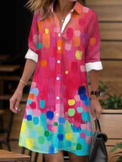 Women's Shirt Dress Casual Dress Midi Dress Outdoor Daily Date Polyester Fashion Modern Shirt Collar Button Pocket Long Sleeve Fall Winter 2023 Loose Fit Pink Dark Pink Navy Blue Geometric Color -Casual Print Dress Sales ivkzez1695204659799