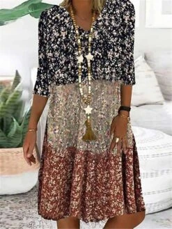 Women's Casual Dress Floral Dress Summer Dress Floral Print V Neck Midi Dress Active Fashion Outdoor Daily 3/4 Length Sleeve Regular Fit Wine Summer Spring S M L XL XXL