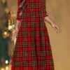 Women's Christmas Casual Dress Shift Dress Midi Dress Red 3/4 Length Sleeve Plaid Ruched Winter Fall Autumn Fashion Christmas Daily 2022 S M L XL XXL 3XL