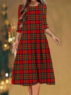 Women's Christmas Casual Dress Shift Dress Midi Dress Red 3/4 Length Sleeve Plaid Ruched Winter Fall Autumn Fashion Christmas Daily 2022 S M L XL XXL 3XL