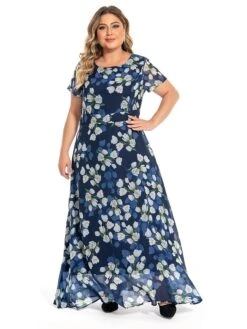 Women‘s Plus Size Curve Casual Dress Swing Dress A Line Dress Floral Long Dress Maxi Dress Short Sleeve Mesh Print Crew Neck Elegant Daily Dark Blue Summer Spring L XL XXL 3XL 4XL -Casual Print Dress Sales iwlryo1694769237053