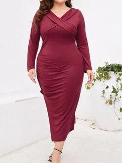 Women‘s Plus Size Curve Party Dress Cocktail Dress Bodycon Midi Dress Black Wine Purple Long Sleeve Pure Color Ruched Spring Fall Winter V Neck Fashion Winter Dress Birthday Wedding Guest 2023 -Casual Print Dress Sales iwrgyn1691464076545