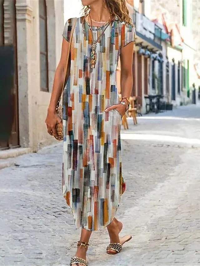 Women's Casual Dress Shift Dress Summer Dress Geometric Color Block Pocket Split Crew Neck Long Dress Maxi Dress Fashion Streetwear Outdoor Daily Short Sleeve Regular Fit Red Navy Blue Blue Summer 4 Women's Casual Dress Shift Dress Summer Dress Geometric Color Block Pocket Split Crew Neck Long Dress Maxi Dress Fashion Streetwear Outdoor Daily Short Sleeve Regular Fit Red Navy Blue Blue Summer - Image 4