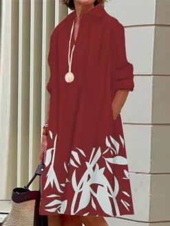 Women's Shirt Dress Casual Dress Midi Dress Outdoor Office Daily Polyester Fashion Modern Shirt Collar Button Pocket Long Sleeve Summer Spring Fall 2023 Loose Fit Wine Dark Pink Navy Blue Leaf S M L -Casual Print Dress Sales ixntno1690436689711