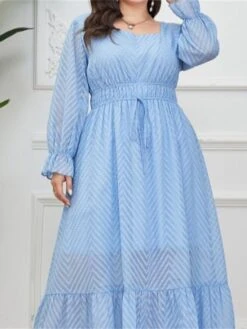 Women's Plus Size Prom Dress Party Dress Corset Dress Long Dress Maxi Dress Light Blue Long Sleeve Pure Color Drawstring Fall Winter Autumn Square Neck Fashion Winter Dress Evening Party Wedding Guest -Casual Print Dress Sales ixthzv1693535311565