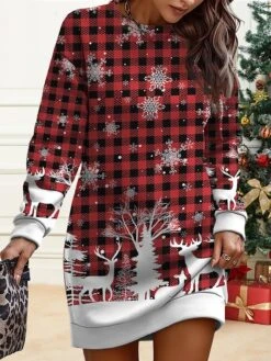 Women's Christmas Casual Dress Sweatshirt Dress Mini Dress Warm Fashion Outdoor Vacation Crew Neck Print Snowflake Deer Loose Fit White Wine Red S M L XL XXL -Casual Print Dress Sales iyadsm1695377550936