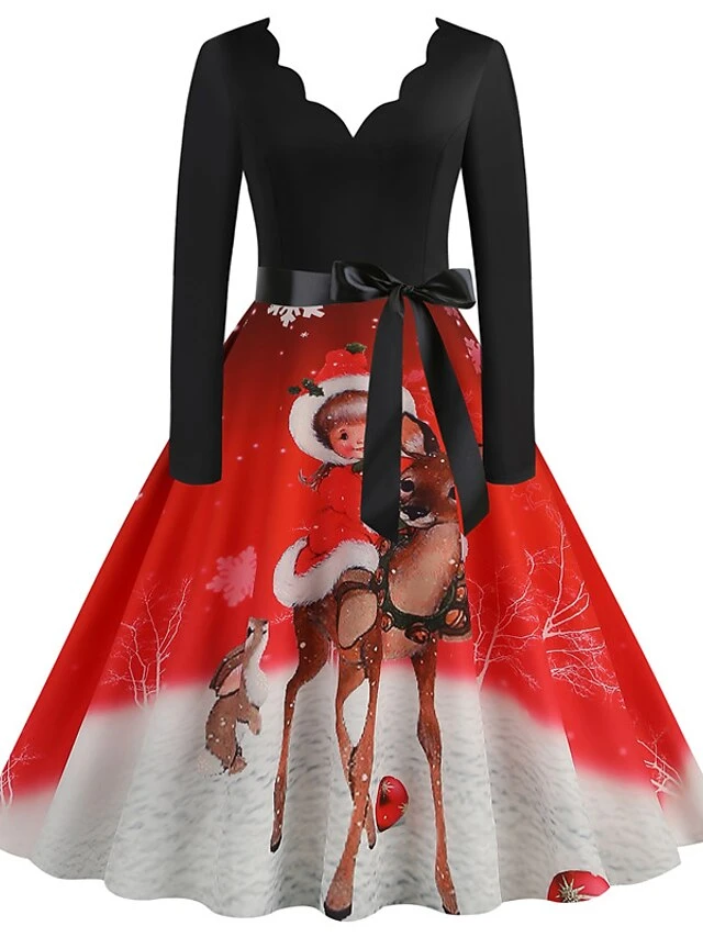 Women's Christmas Casual Dress Swing Dress Midi Dress Green Wine Light Red Fuchsia Red Long Sleeve Santa Claus Elk Bow Print Winter Fall V Neck Vacation Vintage 2022 S M L XL XXL 3XL 5 Women's Christmas Casual Dress Swing Dress Midi Dress Green Wine Light Red Fuchsia Red Long Sleeve Santa Claus Elk Bow Print Winter Fall V Neck Vacation Vintage 2022 S M L XL XXL 3XL - Image 5