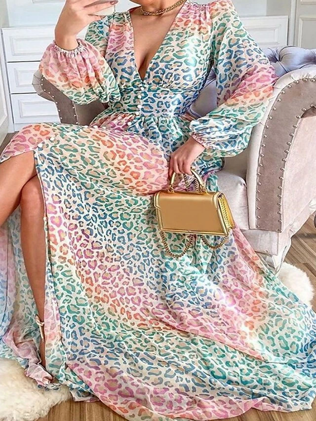 Women's Casual Dress Swing Dress A Line Dress Print Split Print V Neck Long Dress Maxi Dress Active Fashion Outdoor Daily Long Sleeve Regular Fit Rainbow Spring Fall S M L XL XXL 2 Women's Casual Dress Swing Dress A Line Dress Print Split Print V Neck Long Dress Maxi Dress Active Fashion Outdoor Daily Long Sleeve Regular Fit Rainbow Spring Fall S M L XL XXL - Image 2