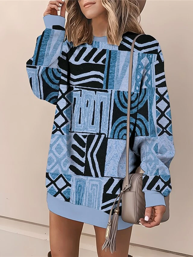 Women's Casual Dress Sweatshirt Dress Mini Dress Warm Daily Outdoor Vacation Going Out Crew Neck Print Geometric Loose Fit Blue Brown Green S M L XL XXL 2 Women's Casual Dress Sweatshirt Dress Mini Dress Warm Daily Outdoor Vacation Going Out Crew Neck Print Geometric Loose Fit Blue Brown Green S M L XL XXL - Image 2