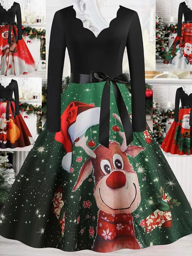 Women's Christmas Casual Dress Swing Dress Midi Dress Green Wine Light Red Fuchsia Red Long Sleeve Santa Claus Elk Bow Print Winter Fall V Neck Vacation Vintage 2022 S M L XL XXL 3XL 1 Women's Christmas Casual Dress Swing Dress Midi Dress Green Wine Light Red Fuchsia Red Long Sleeve Santa Claus Elk Bow Print Winter Fall V Neck Vacation Vintage 2022 S M L XL XXL 3XL