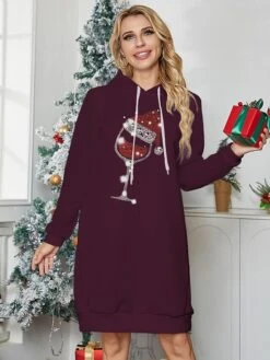 Women's Christmas Casual Dress Hoodie Dress Mini Dress Warm Fashion OutdoorHoliday V Neck Printhat Loose Fit Black Burgundy Navy Blue S M L XL XXL -Casual Print Dress Sales iymvxx1695893419770