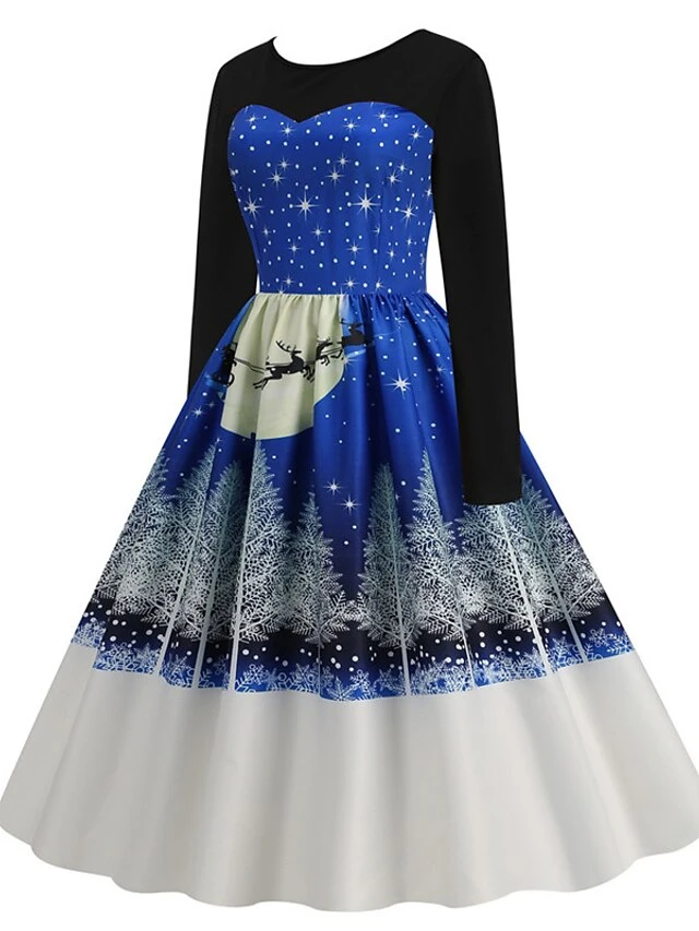 Women's Christmas Swing Dress Vintage DressKnee Length Dress Blue Royal Blue Light Blue Black Long Sleeve Santa Claus Elk Snowman Print Fall Winter Crew Neck Vacation Vintage 2022 S M L XL XXL 3XL 2 Women's Christmas Swing Dress Vintage DressKnee Length Dress Blue Royal Blue Light Blue Black Long Sleeve Santa Claus Elk Snowman Print Fall Winter Crew Neck Vacation Vintage 2022 S M L XL XXL 3XL - Image 2