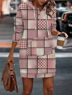 Women's Casual Dress Hoodie Dress Mini Dress Warm Fashion Outdoor Vacation Going Out Hoodie Pocket Print Geometric Regular Fit Pink Rose Red Gray S M L XL XXL