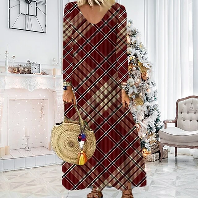 Women's Christmas Casual Dress Shift DressMaxi Long Dress Purple Wine Red Brown White Long Sleeve Plaid Santa Claus Elk Print Fall Winter V Neck Vacation Casual 2022 S M L XL XXL 3XL 4XL 5XL 6XL 3 Women's Christmas Casual Dress Shift DressMaxi Long Dress Purple Wine Red Brown White Long Sleeve Plaid Santa Claus Elk Print Fall Winter V Neck Vacation Casual 2022 S M L XL XXL 3XL 4XL 5XL 6XL - Image 3