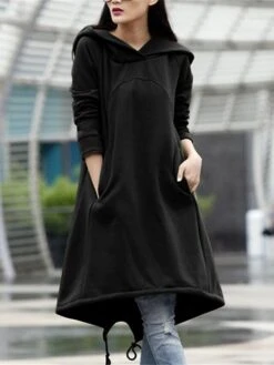 Women's Casual Dress Hoodie Dress Winter Dress Midi Dress Pocket Outdoor Street Daily Fashion Streetwear Hooded Long Sleeve 2023 Loose Fit Black Army Green Gray Color S M L XL XXL Size -Casual Print Dress Sales jbikdh1694510146489