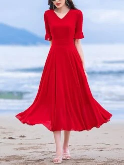 Women's Casual Dress Chiffon Dress Sundress Plain Ruched V Neck Midi Dress Active Fashion Outdoor Daily Short Sleeve Regular Fit White Wine Red Summer Spring S M L XL XXL 15 Women's Casual Dress Chiffon Dress Sundress Plain Ruched V Neck Midi Dress Active Fashion Outdoor Daily Short Sleeve Regular Fit White Wine Red Summer Spring S M L XL XXL -Casual Print Dress Sales jblfbn1678426958643